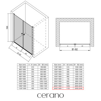 CERANO - Sprchové 2-krídlové dvere Antelo L/P - 6 mm - čierna matná, transparentné sklo - 240x190 cm