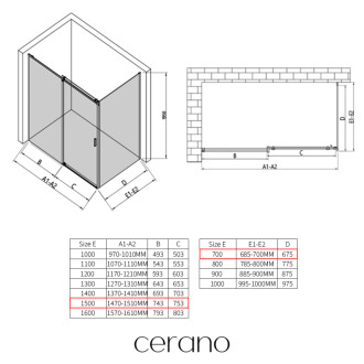 CERANO - Sprchovací kút Santoro Ľ/P - 8 mm - chróm, transparentné sklo - 150x70x195 cm - posuvný