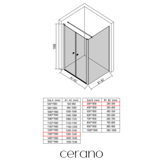 CERANO - Sprchovací kút Antelo L - Ľ/P - 6 mm - čierna matná, transparentné sklo - 130x30 cm - otočný