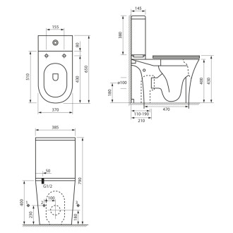 VITO WC kombi, Rimless, spodný/zadný odpad, biela