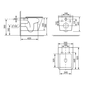 PORTO závesná WC misa, Vortex Rimless, 36x52cm, biela