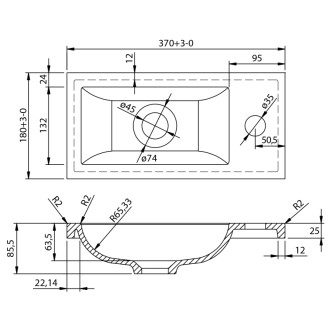 Umývadlo nábytkové, liaty mramor, 37x18cm, biela