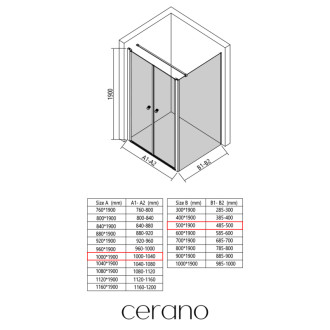 CERANO - Sprchovací kút Antelo L - Ľ/P - 6 mm - čierna matná, transparentné sklo - 100x50 cm - otočný