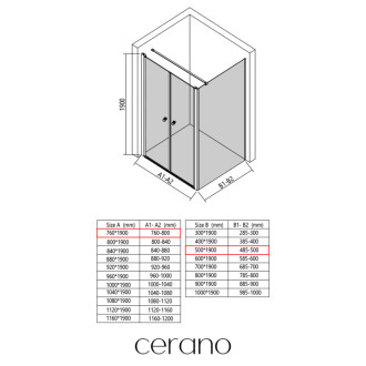 CERANO - Sprchovací kút Antelo L - Ľ/P - 6 mm - čierna matná, transparentné sklo - 76x50 cm - otočný