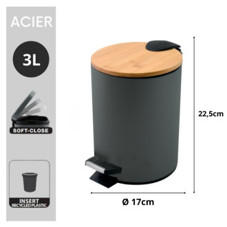Spirella pedálový odpadkový kôš ADONIS tmavo šedá oceľ bambusové veko 3 L 10.00003