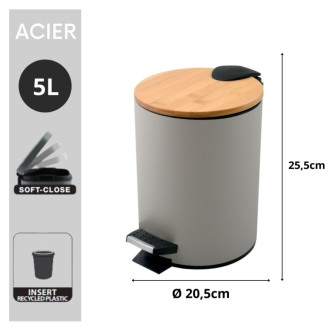 Spirella pedálový odpadkový kôš ADONIS šedohnedá oceľ bambusové veko 5 L 10.00006