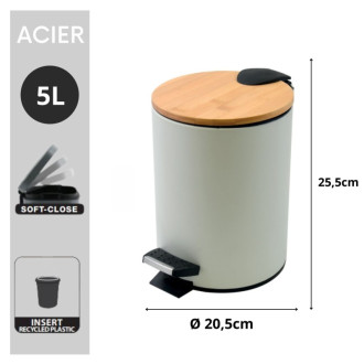 Spirella pedálový odpadkový kôš ADONIS matná biela oceľ bambusové veko 5 L 10.20920