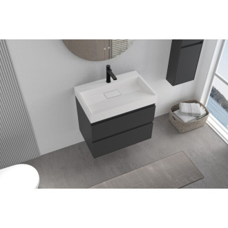 CERANO - Kúpeľňová skrinka Carole - čierna matná + umývadlo z lit. mramoru Vita - otvor - biela lesklá - otvor pre batériu - 70x58x46 cm