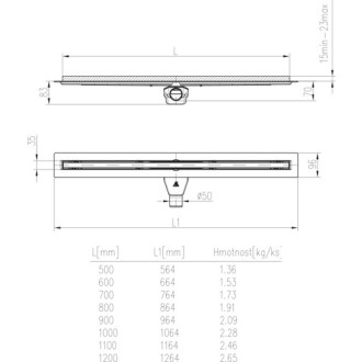 Podlahový lineárny žľab Slim line čierny 900mm, otočný bočný sifón D50, mriežka Slim Premium čierna