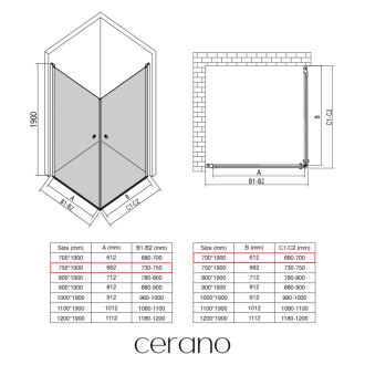 CERANO - Sprchovací kút Antelo Duo Ľ/P - 6 mm - chróm, transparentné sklo - 75x70x190 cm - otočný