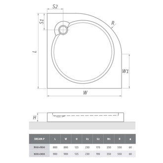 Sprchová vanička štvrťkruhová Roth 90x90 cm akrylát 8000030
