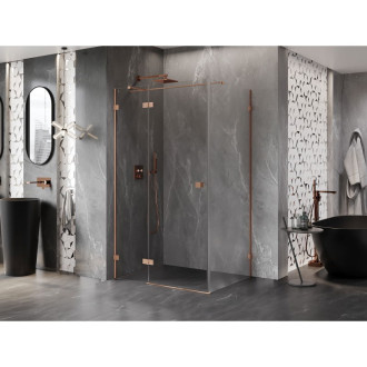 Sprchovací kút Mexen Lunar T s ľavým výklopným uchytením 75 x 80 cm, priehľadný, kartáčovaná meď - 834T-075-080-65-00-L