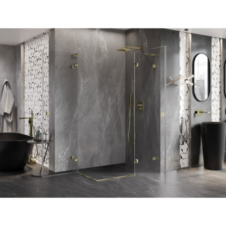Sprchovací kút Mexen Lunar L Duo s pravými pántami 90 x 85 cm, priehľadný, zlatý - 834L-090P-085L-50-00