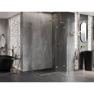 Sprchovací kút Mexen Lunar L Duo s pravým pántom 90 x 85 cm, priehľadný, kartáčované zlato - 834L-090P-085L-55-00