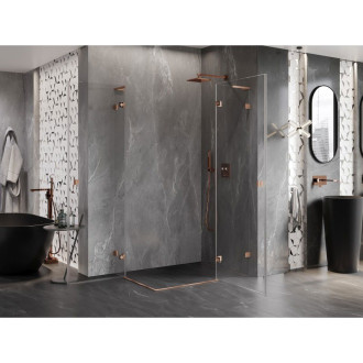 Sprchovací kút Mexen Lunar L Duo s pravými pántami 75 x 70 cm, priehľadný, kartáčovaná meď - 834L-075P-070L-65-00