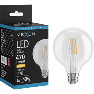 LED žiarovka Mexen Vintis E27, G95, 4W, teplá - 2700K, 470 lm, číra - L157-E27-0427-00