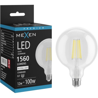 LED žiarovka Mexen Vintis E27, G125, 12W, neutrálna - 4000K, 1560 lm, číra - L158-E27-1240-00