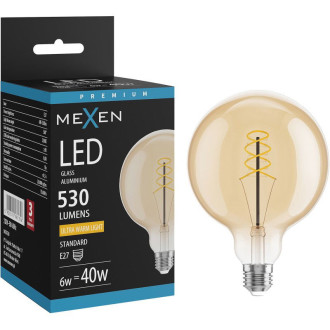 LED žiarovka Mexen Vintis so špirálovým vláknom E27, G125, 6W, teplá - 2200K, 530 lm, jantárová - L168-E27-0622-50