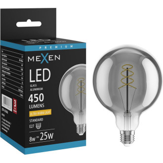 LED žiarovka Mexen Vintis so špirálovým vláknom E27, G125, 8W, teplá - 2200K, 450 lm, dymová - L168-E27-0822-70