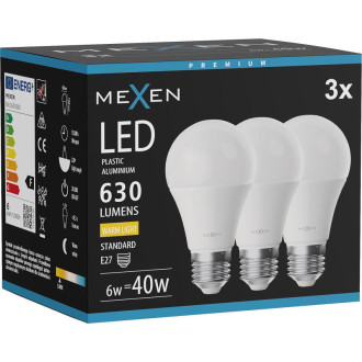 Mexen Nova 3x LED žiarovka E27, A60, 6W, teplá - 3000K, 630 lm - L100-E27-0630-01x03
