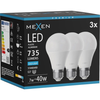 Mexen Nova 3x LED žiarovka E27, A60, 7W, studená - 6500K, 735 lm - L100-E27-0765-01x03