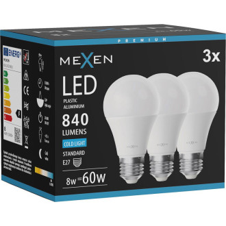 Mexen Nova 3x LED žiarovka E27, A60, 8W, studená - 6500K, 840 lm - L100-E27-0865-01x03