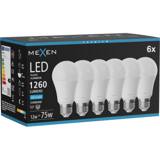 Mexen Nova 6x LED žiarovka E27, A60, 12W, studená - 6500K, 1260 lm - L100-E27-1265-01x06