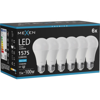 Mexen Nova 6x LED žiarovka E27, A60, 15W, studená - 6500K, 1575 lm - L100-E27-1565-01x06