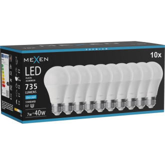 Mexen Nova 10x LED žiarovka E27, A60, 7W, studená - 6500K, 735 lm - L100-E27-0765-01x10