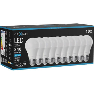 Mexen Nova 10x LED žiarovka E27, A60, 8W, studená - 6500K, 840 lm - L100-E27-0865-01x10