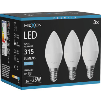 Mexen Nova 3x LED žiarovka E14, C37, 3W, studená - 6500K, 315 lm - L102-E14-0365-01x03