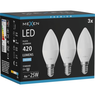 Mexen Nova 3x LED žiarovka E14, C37, 4W, studená - 6500K, 420 lm - L102-E14-0465-01x03