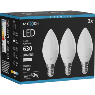 Mexen Nova 3x LED žiarovka E14, C37, 6W, neutrálna - 4000K, 630 lm - L102-E14-0640-01x03