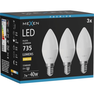 Mexen Nova 3x LED žiarovka E14, C37, 7W, teplá - 3000K, 735 lm - L102-E14-0730-01x03