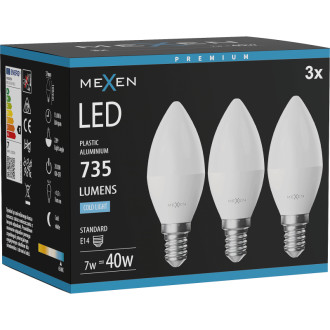 Mexen Nova 3x LED žiarovka E14, C37, 7W, studená - 6500K, 735 lm - L102-E14-0765-01x03