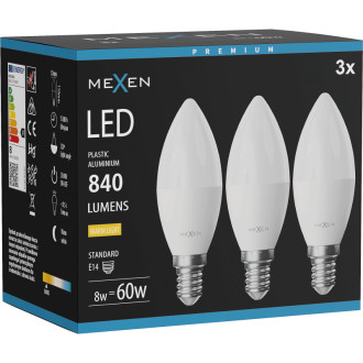 Mexen Nova 3x LED žiarovka E14, C37, 8W, teplá - 3000K, 840 lm - L102-E14-0830-01x03