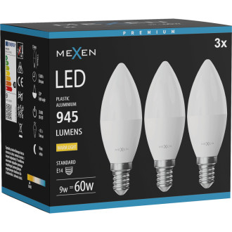 Mexen Nova 3x LED žiarovka E14, C37, 9W, teplá - 3000K, 945 lm - L102-E14-0930-01x03