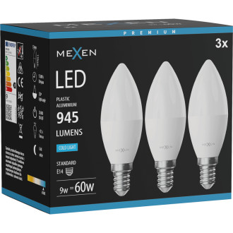 Mexen Nova 3x LED žiarovka E14, C37, 9W, studená - 6500K, 945 lm - L102-E14-0965-01x03