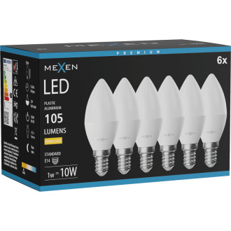 Mexen Nova 6x LED žiarovka E14, C37, 1W, teplá - 3000K, 105 lm - L102-E14-0130-01x06