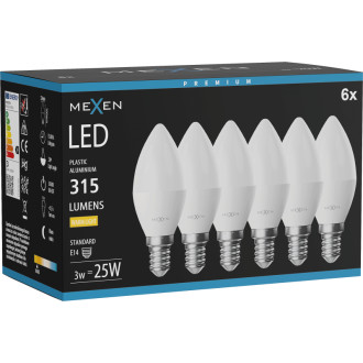 Mexen Nova 6x LED žiarovka E14, C37, 3W, teplá - 3000K, 315 lm - L102-E14-0330-01x06