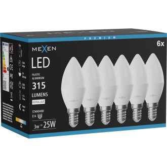 Mexen Nova 6x LED žiarovka E14, C37, 3W, neutrálna - 4000K, 315 lm - L102-E14-0340-01x06