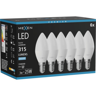 Mexen Nova 6x LED žiarovka E14, C37, 3W, studená - 6500K, 315 lm - L102-E14-0365-01x06