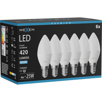 Mexen Nova 6x LED žiarovka E14, C37, 4W, studená - 6500K, 420 lm - L102-E14-0465-01x06