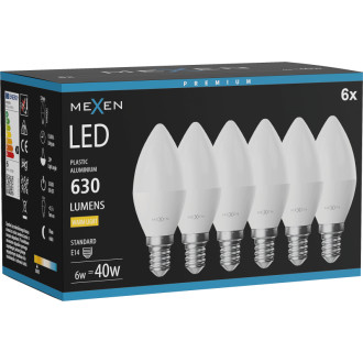 Mexen Nova 6x LED žiarovka E14, C37, 6W, teplá - 3000K, 630 lm - L102-E14-0630-01x06