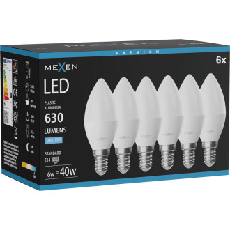 Mexen Nova 6x LED žiarovka E14, C37, 6W, studená - 6500K, 630 lm - L102-E14-0665-01x06