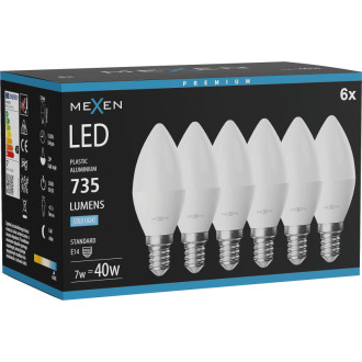 Mexen Nova 6x LED žiarovka E14, C37, 7W, studená - 6500K, 735 lm - L102-E14-0765-01x06