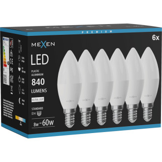 Mexen Nova 6x LED žiarovka E14, C37, 8W, neutrálna - 4000K, 840 lm - L102-E14-0840-01x06