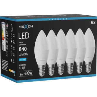 Mexen Nova 6x LED žiarovka E14, C37, 8W, studená - 6500K, 840 lm - L102-E14-0865-01x06