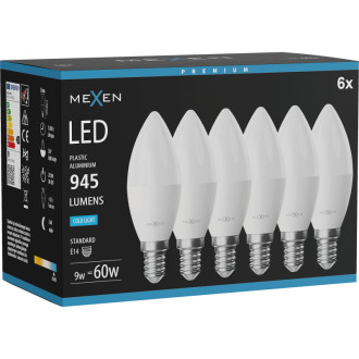 Mexen Nova 6x LED žiarovka E14, C37, 9W, studená - 6500K, 945 lm - L102-E14-0965-01x06