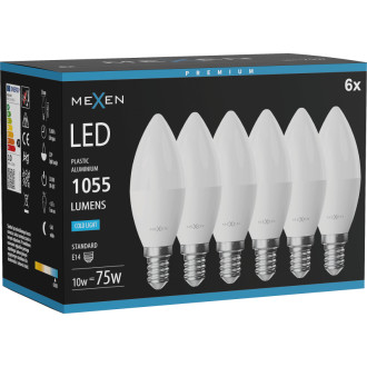 Mexen Nova 6x LED žiarovka E14, C37, 10W, studená - 6500K, 1055 lm - L102-E14-1065-01x06